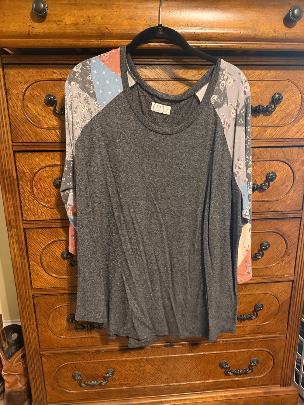 Maurices Charcoal Raglan Top with Patchwork Sleeves